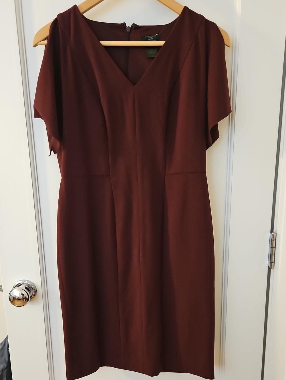 Ann Taylor Maroon/Burgandy Sheath Dress With Flutter Sleeve- 2 Petite
